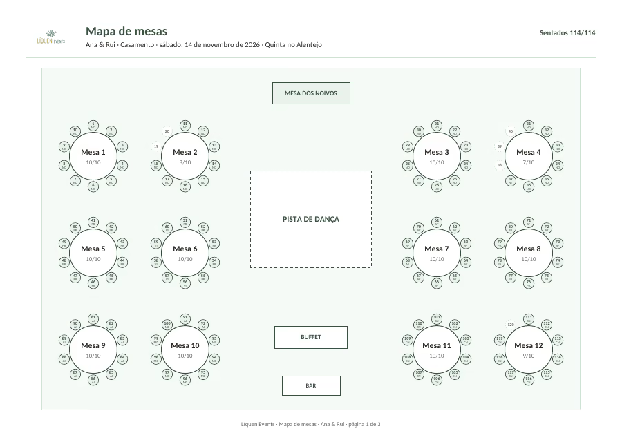 Printed seating plan with twelve round tables, the dance floor and the couple's table