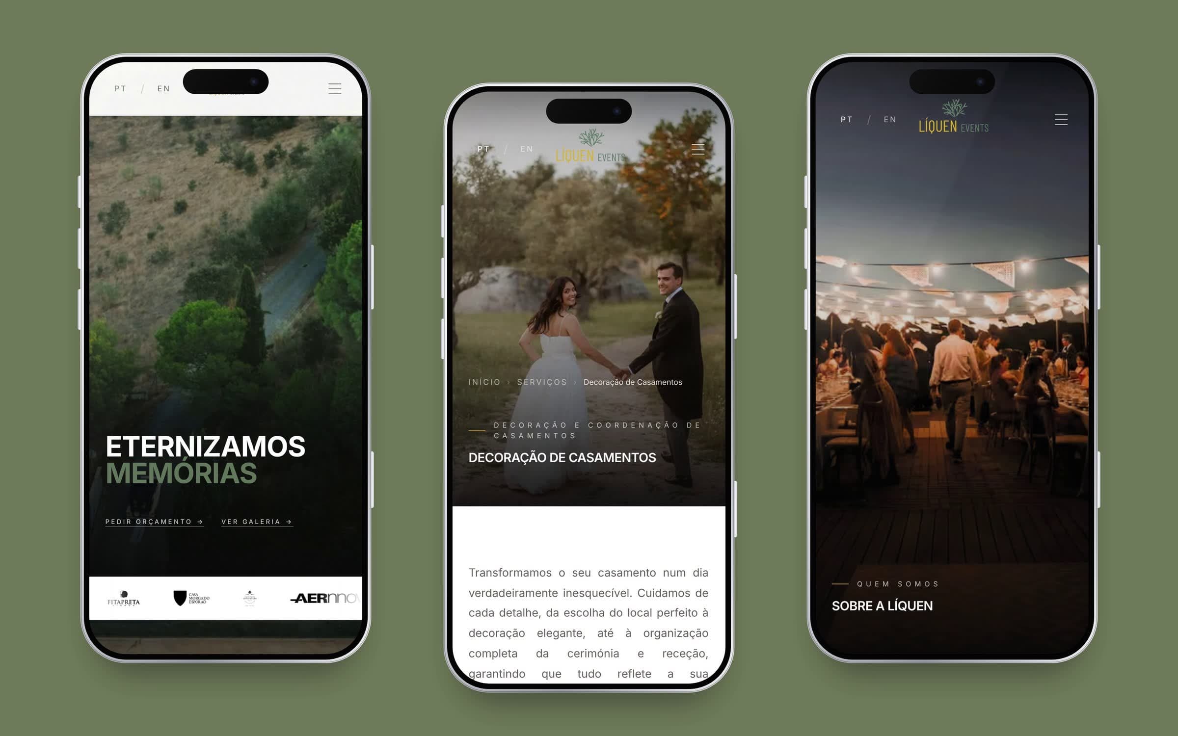 Three phones showing the Líquen Events home, weddings and about pages